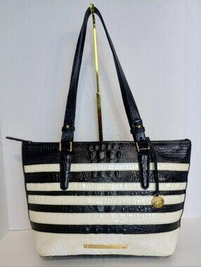 Brahmin Medium Asher Black/White Corsica Croc Embossed Leather Tote